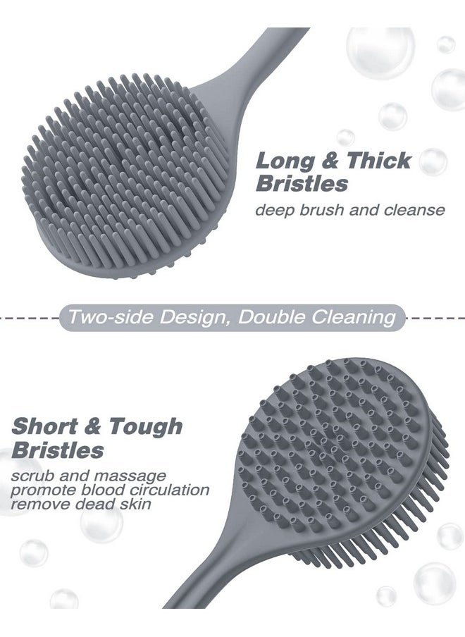 Silicone Back Scrubber & Soft Bath Glove Set 4 Pcs(Thick Bristles), Super-Exfoliating Body Scrubber & Super-Lathering Shower Brush Combination, With A Free Hook(Gray)
