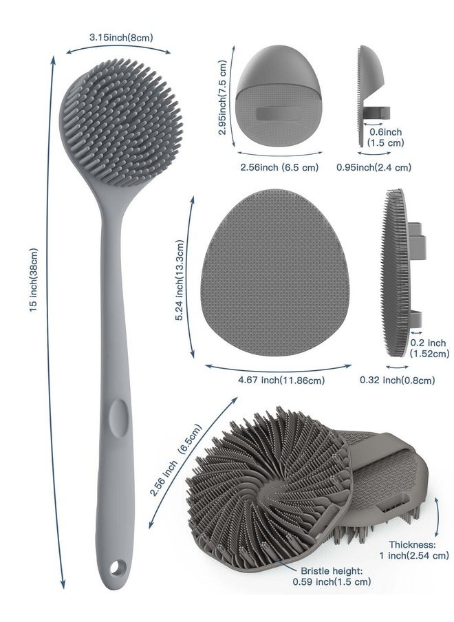 Silicone Back Scrubber & Soft Bath Glove Set 4 Pcs(Thick Bristles), Super-Exfoliating Body Scrubber & Super-Lathering Shower Brush Combination, With A Free Hook(Gray)
