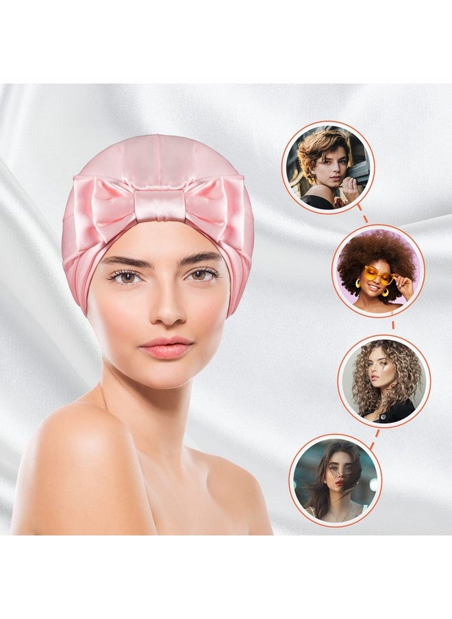 22-Momme 100% Mulberry-Silk Bonnet - Natural Pure Silk Sleep Cap For Women Curly Hair Care Cover With Tie And Elastic Band (Pink - Double Layer)