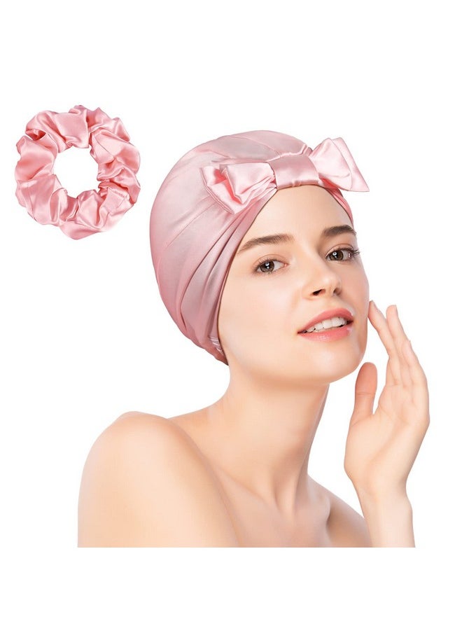 22-Momme 100% Mulberry-Silk Bonnet - Natural Pure Silk Sleep Cap For Women Curly Hair Care Cover With Tie And Elastic Band (Pink - Double Layer)