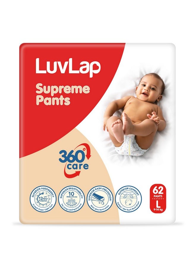 Supreme Diaper Pants Large (Lg) 9 To 14Kg, 62Pcs, 360° Skin Care With 10 Million Breathable Pores, Aloe Vera For Superior Rash Prevention, Upto 12Hr Protection, 5 Layer Super Light Core