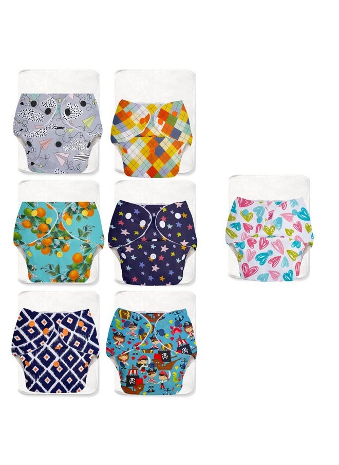 Basic Pack Of 14 Side Leakage Proof Reusable Cloth Diaper With Quick Dry Ultrathin Pads|Freesize, Rash Free,For Kids 0-3 Yrs|Stay Dry & Lasts Up To 3Hrs|7 Shell + 7 Pads - Assorted