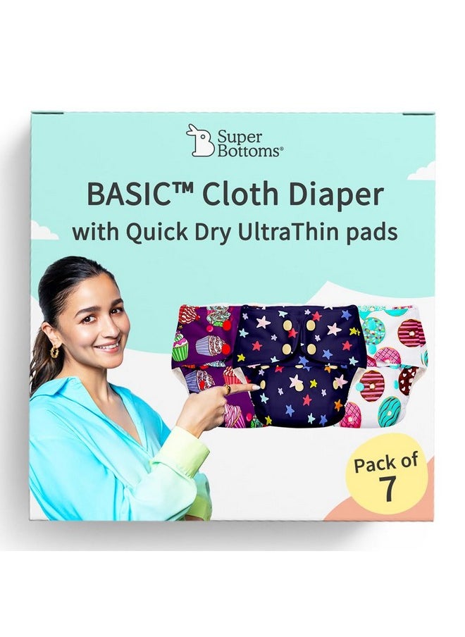 Basic Pack Of 14 Side Leakage Proof Reusable Cloth Diaper With Quick Dry Ultrathin Pads|Freesize, Rash Free,For Kids 0-3 Yrs|Stay Dry & Lasts Up To 3Hrs|7 Shell + 7 Pads - Assorted