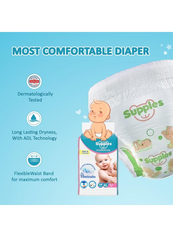 Brand - Supples Premium Diapers, X-Large (Xl), 24 Count, 12-17 Kg, 12 Hrs Absorption Baby Diaper Pants