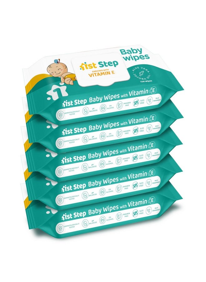 Baby Wipes With Lid Enriched And Aloe-Vera And Jojoba Oil (72 Wipes/Pack X 5 Packs = 360 Wipes)