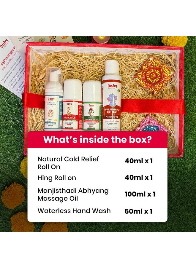 Gift Set - Komalaya Baal Wellness Combo | Cold Relief Roll-On - 40Ml | Hing Roll-On - 40Ml | Massage Oil - 10Ml | Waterless Handwash - 50Ml