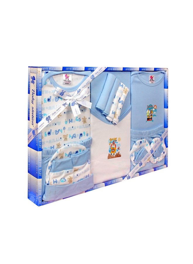 Cotton Gift Set For New Born Unisex- 13 Pieces (Blue)