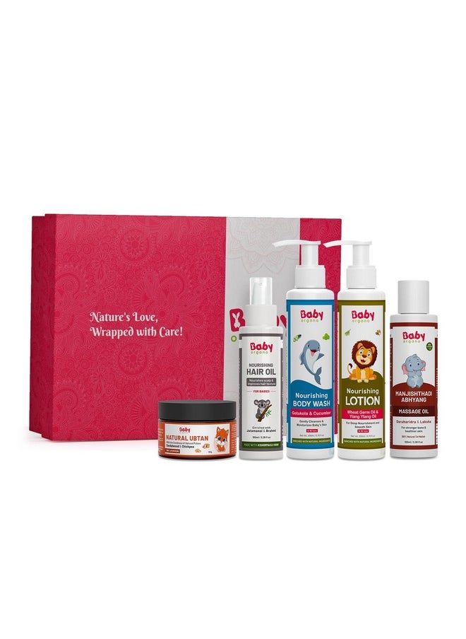 Gift Set - Baby'S First Skin Care Combo | Baby Body Wash - 200Ml | Natural Ubtan - 100Gm | Nourishing Hair Oil - 200Ml | Body Lotion - 200Ml | Massage Oil - 100Ml