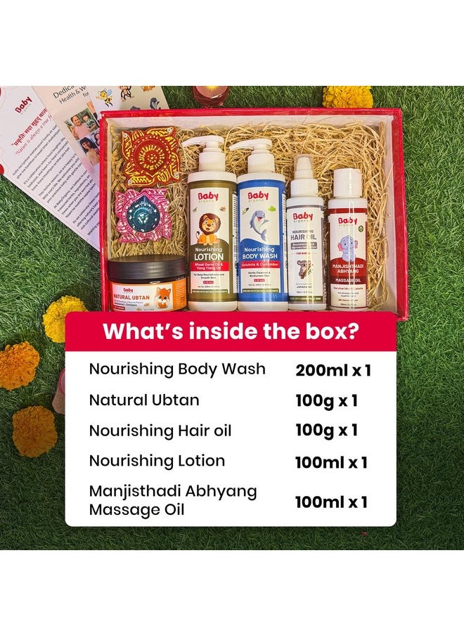 Gift Set - Baby'S First Skin Care Combo | Baby Body Wash - 200Ml | Natural Ubtan - 100Gm | Nourishing Hair Oil - 200Ml | Body Lotion - 200Ml | Massage Oil - 100Ml