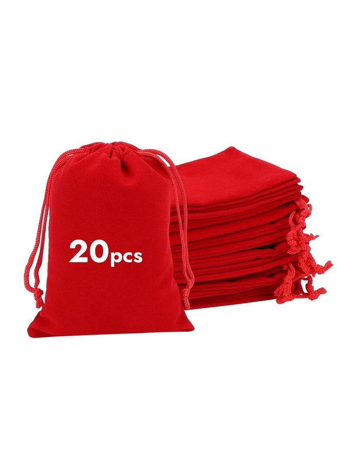 20Pcs Velvet Bags With Drawstrings, 4X6Inch Red Gift Bags Jewelry Pouches For Dice Wedding Party Favor