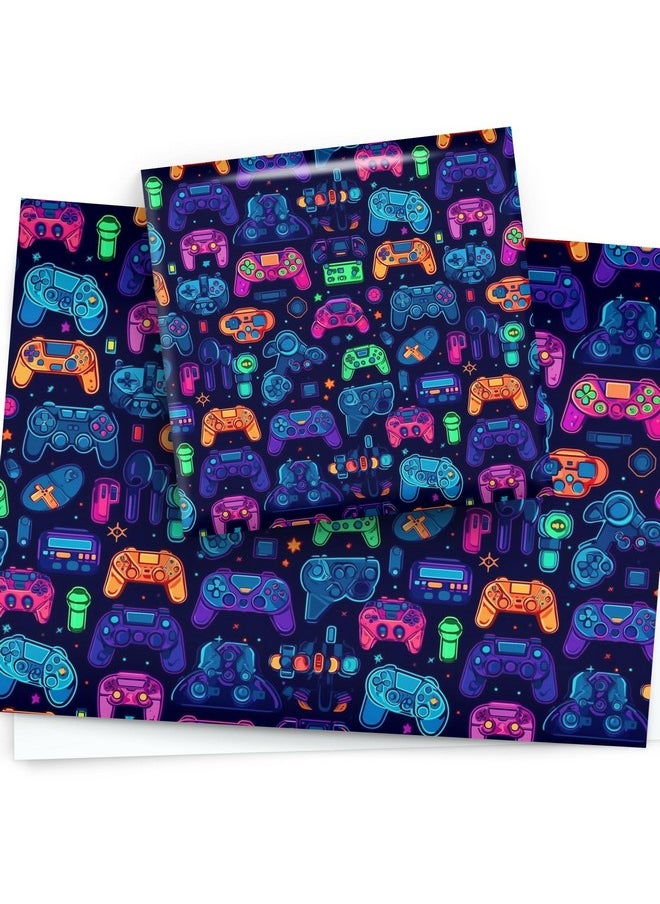 4 X Gaming Wrapping Paper Sheets For Boys Birthday & Christmas Neon Gaming Controllers Gift Wrap Design