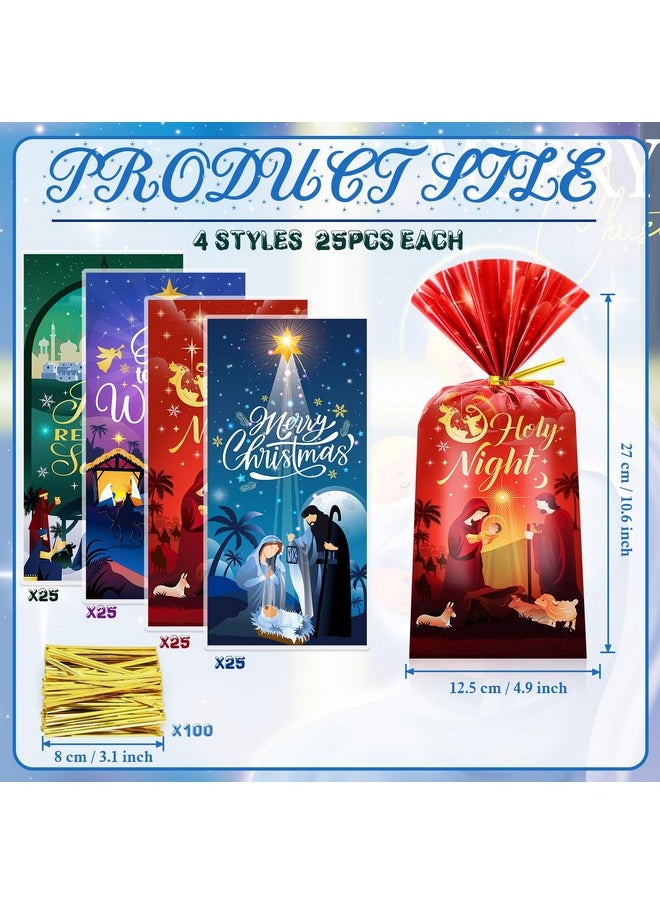 100Pcs Holy Nativity Cellophane Gift Bag, Religious Christmas Plastic Goodie Bags For Christian Xmas Holiday Party Supplies, O Holy Night Treat Bags Nativity Scene Candy Bags With Ties