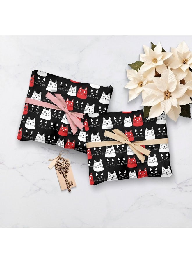 4 X Cat Wrapping Paper Sheets Black White Red Cute Animal Design Goth Gothic Gift Wrap For Women Her