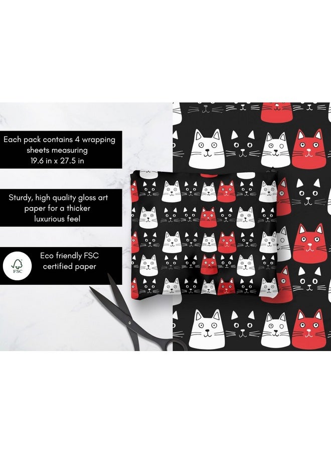 4 X Cat Wrapping Paper Sheets Black White Red Cute Animal Design Goth Gothic Gift Wrap For Women Her