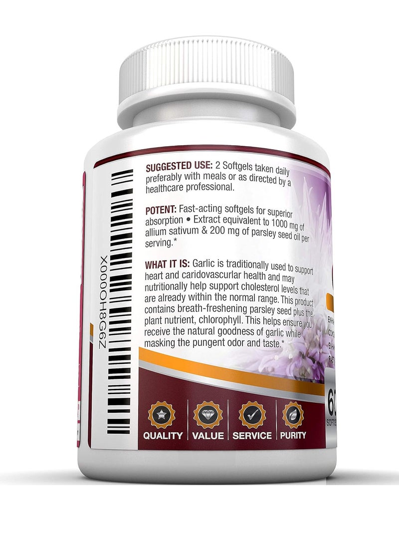 Odorless Garlic - 60 Softgels - 1000mg Pure and Potent Garlic Allium Sativum Supplement (Maximum Strength) - 30 Day Supply