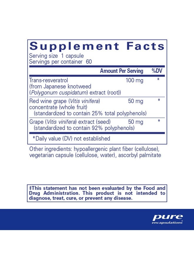 Pure Encapsulations Resveratrol EXTRA - 100 mg Trans-Resveratrol - For Healthy Cellular & Cardiovascular Function* - Antioxidants Supplement - Non-GMO & Gluten Free - 60 Capsules