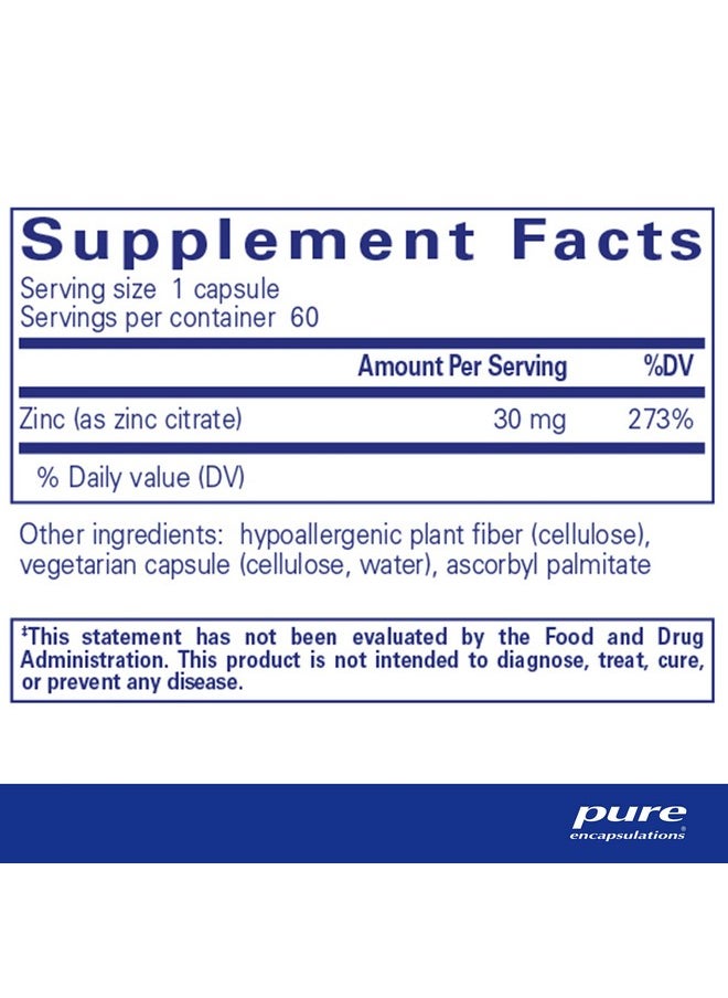 Pure Encapsulations Zinc (Citrate) - for Immune System, Tissue Development & Metabolism* - Mineral Supplement with Enzymes - Highly Absorbable Zinc - Vegan & Non-GMO - 60 Capsules