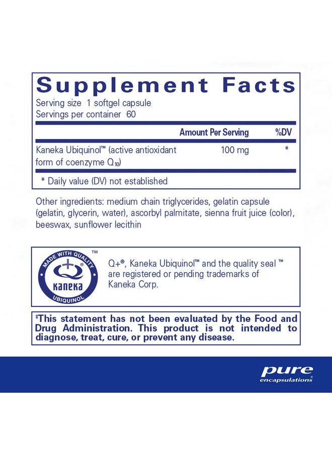 Pure Encapsulations Ubiquinol-QH - 100 mg CoQ10 - Supports Energy Metabolism & Heart Health* - Coenzyme Antioxidants Supplement - Non-GMO - 60 Softgel Capsules