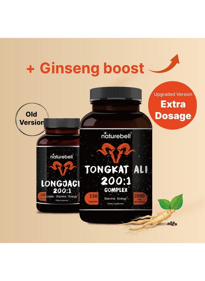 Tongkat Ali 200:1 (Longjack) Extract for Men, 2000mg Per Serving, Indonesia Origin, Eurycoma Longifolia | with Panax Ginseng for Energy, Stamina, & Male Health Support (150 Count (Pack of 2))