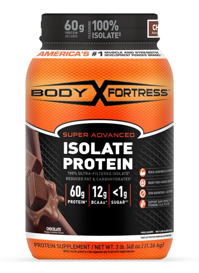 Body Fortress Super Advanced Whey Protein Isolate Powder, Great for Meal Replacement Shakes, Low Carb, Gluten Free, Chocolate, 3 lbs