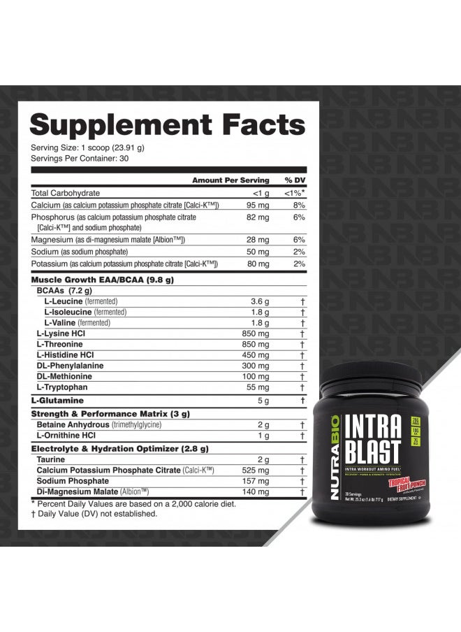 NutraBio Intra Blast - Advanced Electrolyte Performance Matrix - Amino Acid, EAA/BCAA Formula - Non-GMO, Gluten Free, Intra and Pre Workout Powder - 30 Servings - Tropical Fruit Punch