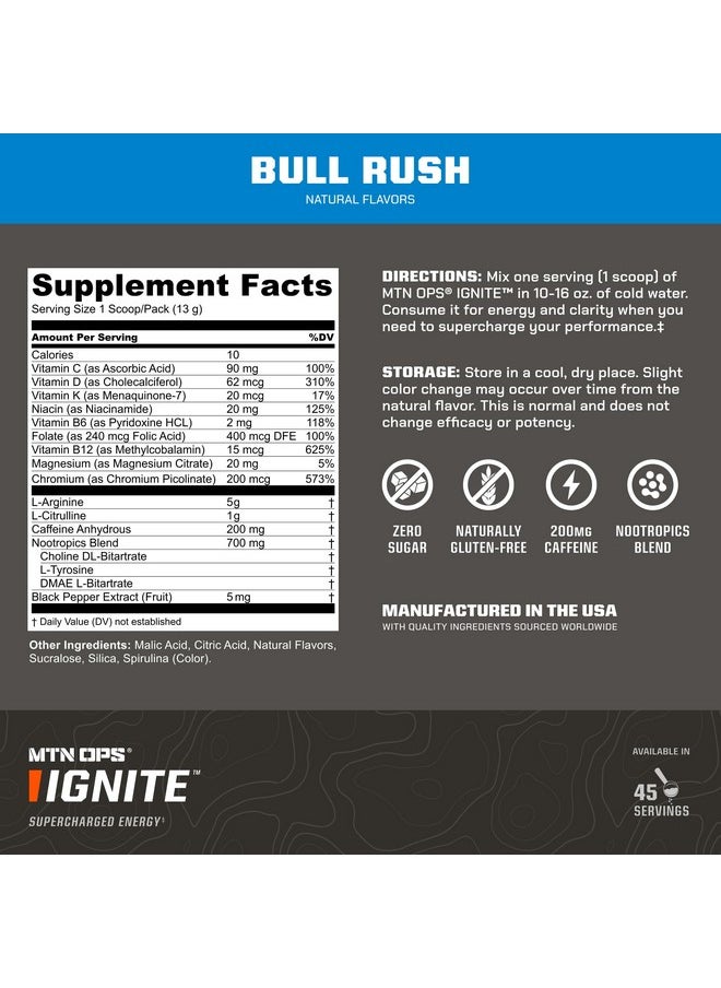 MTN OPS Ignite Energy Drink Powder, Gluten Free Nitric Oxide Supplement Drink Mix, L Arginine, L Citrulline, Caffeine & Nootropic Sugar Free Drink Mix, 45 Servings, Bull Rush