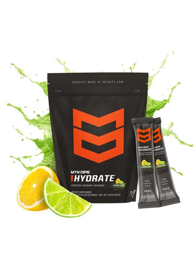 MTN OPS Hydrate Electrolytes Powder Drink Mix, 20 Single Serving On-The-Go Electrolyte Packs with Over 1000mg of Electrolytes per Serving, Lemon Lime