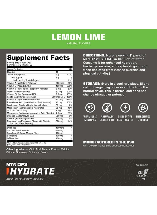 MTN OPS Hydrate Electrolytes Powder Drink Mix, 20 Single Serving On-The-Go Electrolyte Packs with Over 1000mg of Electrolytes per Serving, Lemon Lime