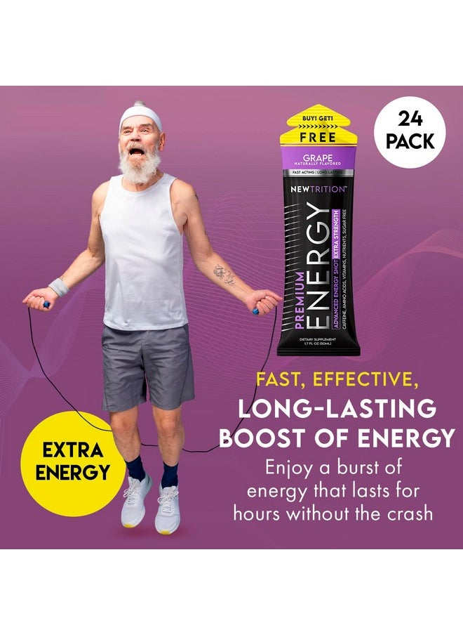 NewTrition Extra Strength Energy Shots Packets, Caffeine Energy Shots with Vitamin B & Amino Acids, Sugar-Free Vitamin Energy Shot, 1.7 fl oz, Grape, 24 Count