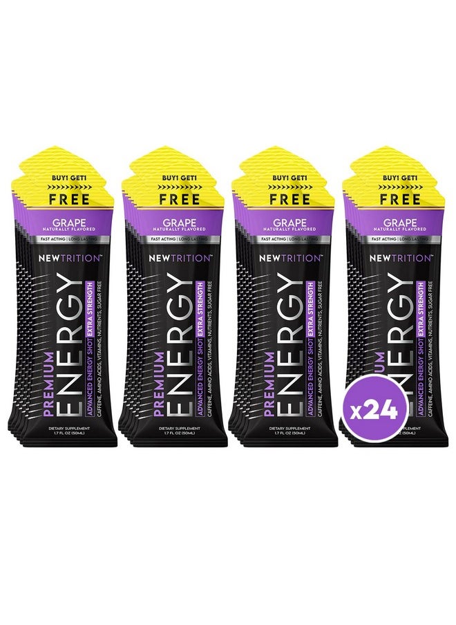 NewTrition Extra Strength Energy Shots Packets, Caffeine Energy Shots with Vitamin B & Amino Acids, Sugar-Free Vitamin Energy Shot, 1.7 fl oz, Grape, 24 Count