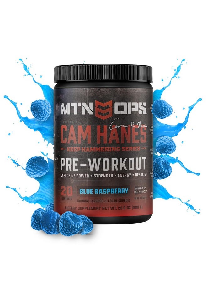 MTN OPS Pre-Workout Powder Energy Drink Keep Hammering Series by Cameron Hanes, Blue Raspberry, 20 Servings, 23.2oz