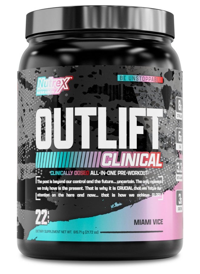 Nutrex Research Outlift Clinical | Clinically Dosed Pre Workout Powder with Creatine, 8G Citrulline, EAA | Energy, Performance, Pump Preworkout | Pineapple and Coconut | (22 Servings, Miami Vice)