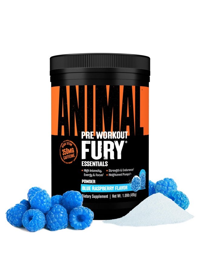 Animal Fury Pre Workout Powder - Energy and Focus Supplement with 5g BCAA, 350mg Caffeine Nitric Oxide Booster with Beta-Alanine, Preworkout for Men and Women, Blue Raspberry Flavor, 30 Servings