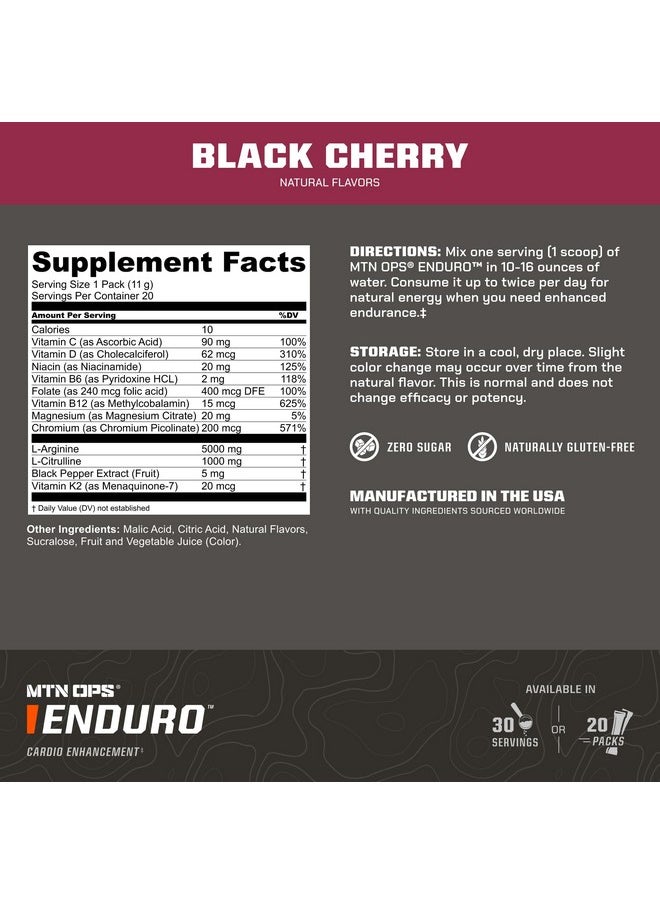 MTN OPS Enduro Trail Packs Nitric Oxide Supplement & Stim-Free Pre Workout - 20 Servings - with Magnesium Citrate, Beet Root Powder, Niacinamide, L Arginine & L Citrulline - Black Cherry Flavor