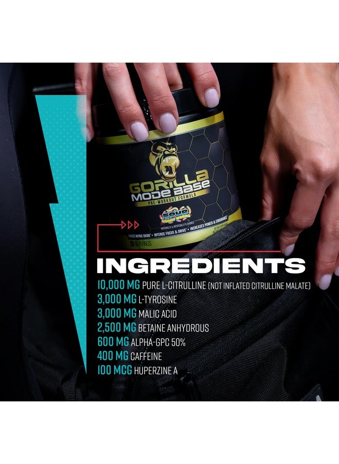 Gorilla Mode Base Pre Workout - Raises Nitric Oxide · Intense Focus & Drive · Endurance · Power - L-Citrulline, L-Tyrosine, Betaine, Alpha-GPC, Caffeine, Huperzine A - 360 Grams (Blue Raspberry)