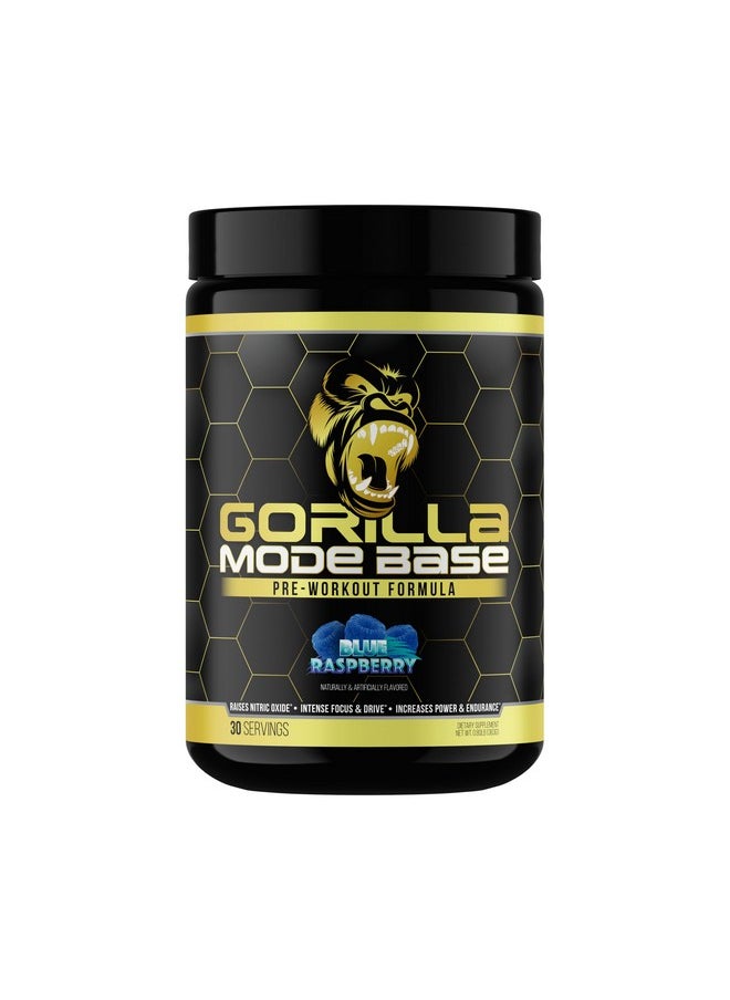 Gorilla Mode Base Pre Workout - Raises Nitric Oxide · Intense Focus & Drive · Endurance · Power - L-Citrulline, L-Tyrosine, Betaine, Alpha-GPC, Caffeine, Huperzine A - 360 Grams (Blue Raspberry)