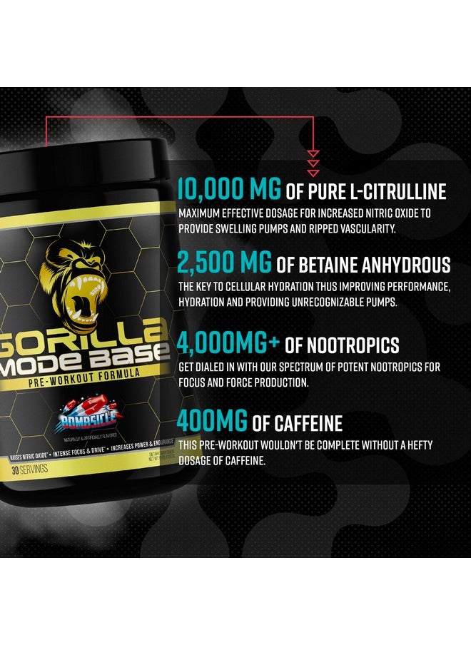 Gorilla Mode Base Pre Workout - Raises Nitric Oxide · Intense Focus & Drive · Endurance · Power - L-Citrulline, L-Tyrosine, Betaine, Alpha-GPC, Caffeine, Huperzine A - 360 Grams (Blue Raspberry)