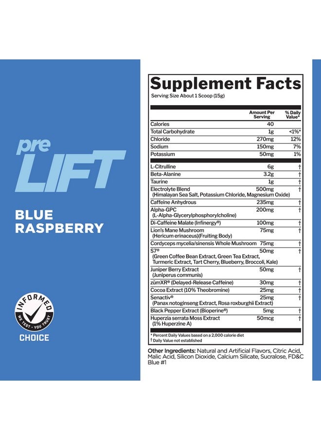 Rule 1 preLIFT Pre-Workout, 6g Citrulline, 3.2g Beta Alanine, 3 Caffeine Sources + 20 Others for Energy, Alertness, & Endurance (30 Servings, Blue Raspberry)