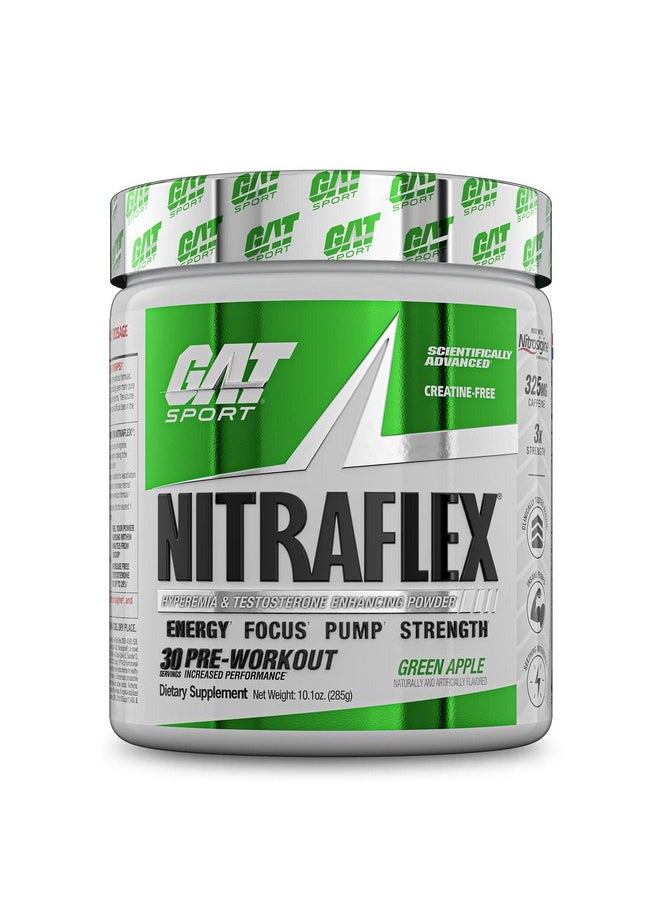 GAT SPORT Nitraflex Advanced Pre-Workout Powder, Increases Blood Flow, Boosts Strength and Energy, Improves Exercise Performance, Creatine-Free (Green Apple, 30 Servings)