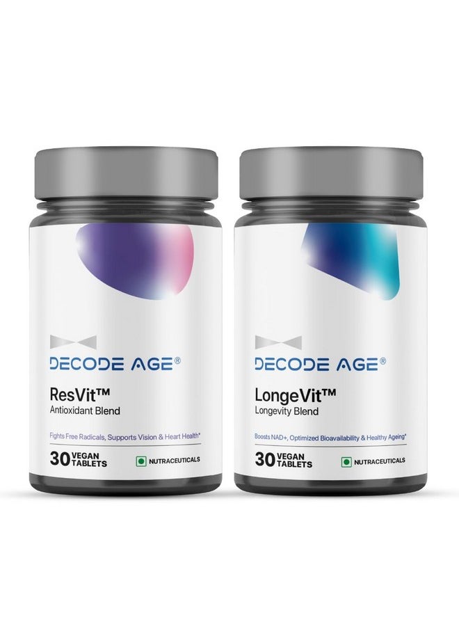 Decode Age LongeVit & ResVit | Combo for Healthy Ageing | Boosts Energy | Antioxidant Blend | Metabolic Health (60 Veg Tablets)