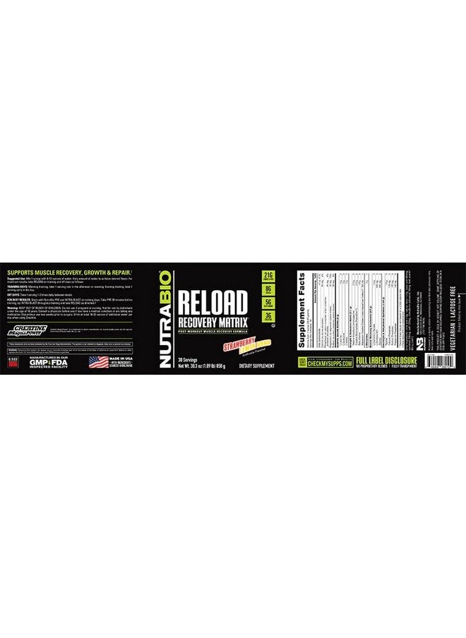 NutraBio Reload - Powerful Muscular Recovery Formula - Post-Workout Supplement - 3G Creatine - 8G BCAAs - 5G Glutamine - 30 Servings, Strawberry Lemon Bomb