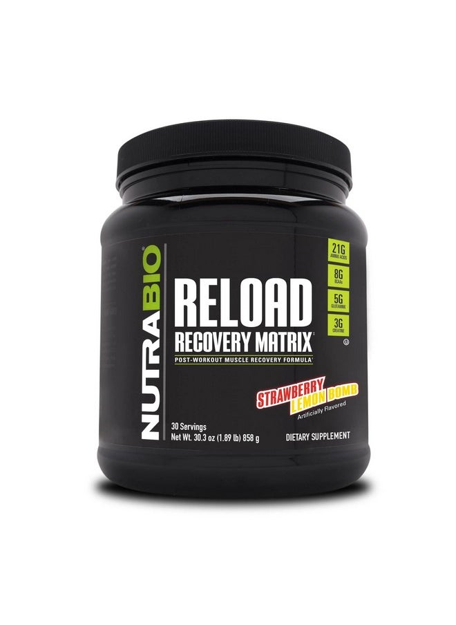 NutraBio Reload - Powerful Muscular Recovery Formula - Post-Workout Supplement - 3G Creatine - 8G BCAAs - 5G Glutamine - 30 Servings, Strawberry Lemon Bomb