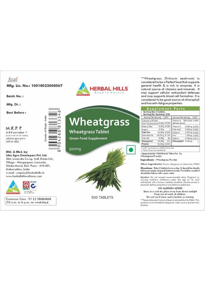 Herbal Hills Wheatgrass Tablets (500 Count Pack of 1)