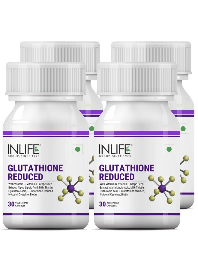 INLIFE L Glutathione Capsules 1000mg | Vitamin C Milk Thistle Grape Seed Extract Biotin | Skin and Liver Health Supplement for Men Women - 30 Vegetarian Capsules (Pack of 4)