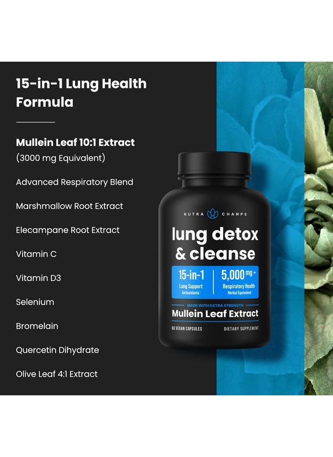 Lung Detox & Cleanse | Mullein Leaf Capsules | 15-In-1 Lung Health Formula for Respiratory, Immune & Mucus Support | 10:1 Mullein Leaf Extract (3000mg Equivalent) | Vegan Lung Support Supplement