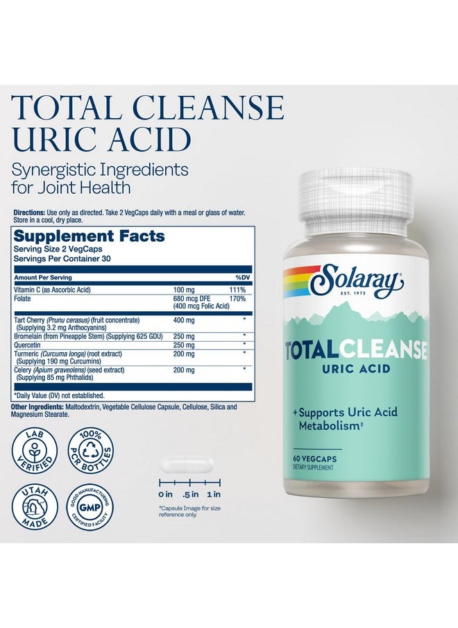 Solaray Total Cleanse Uric Acid - Joint Health Supplement - Powerful Joint Support and Uric Acid Cleanse with Tart Cherry Extract, Celery Seed, Turmeric Extract - 60-Day Guarantee, 30 Serv, 60 VegCaps