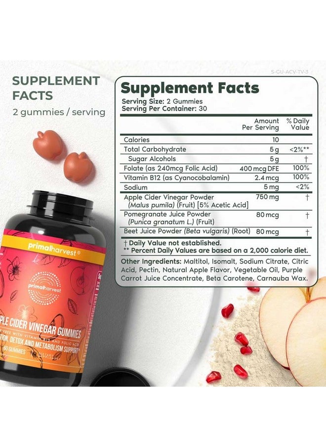 Primal Harvest ACV Gummies, 60 Sugar Free Apple Cider Gummies Beetroot and Pomegranate to Support Immunity, Digestion and Detox 750 MG