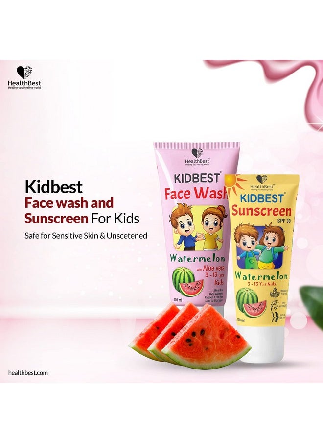 Kids Multivitamin Sunscreen Face Wash Combo - Spf 30, 100Ml, Watermelon Extracts - Gentle, Organic, Tear-Free, Paraben-Free, Sensitive Skin, Daily Skin Care For All Skin Types