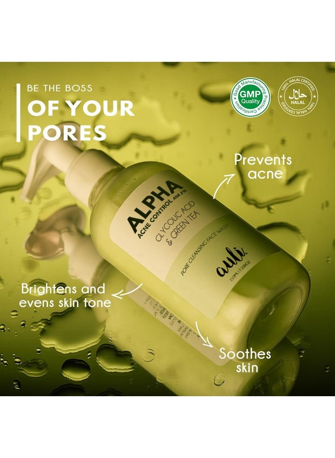 Glycolic Acid 5% & Green Tea Pore Cleansing Face Wash | Reduce Acne & Breakouts, Ph Balance, Sweat & Excess Oil Control | All Skin Types | For Men & Women | Ayurvedic | Alpha - 210Ml