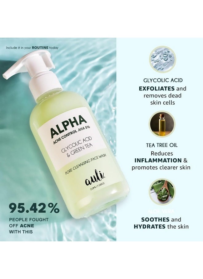 Glycolic Acid 5% & Green Tea Pore Cleansing Face Wash | Reduce Acne & Breakouts, Ph Balance, Sweat & Excess Oil Control | All Skin Types | For Men & Women | Ayurvedic | Alpha - 210Ml